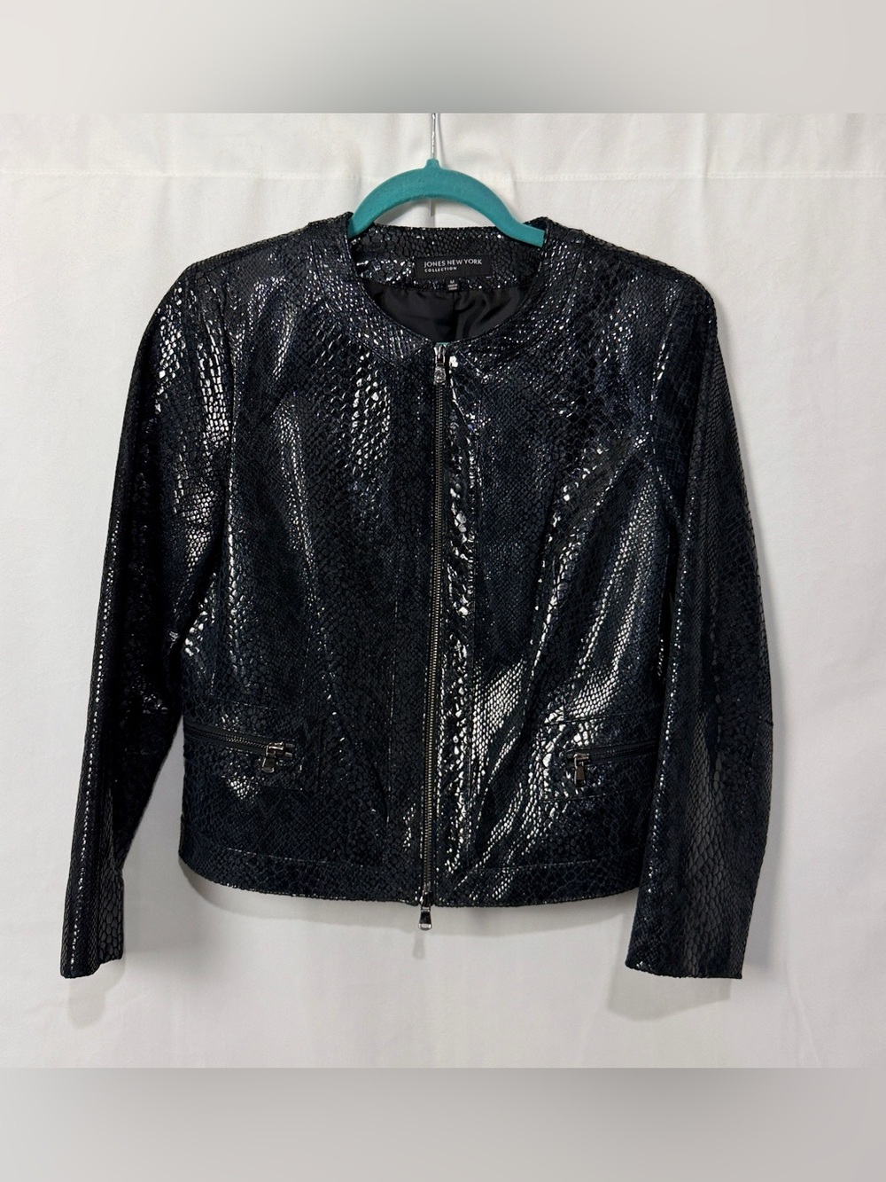 Jones New York Black Snake Print Genuine Leather Blazer Jacket Womens Sz Med